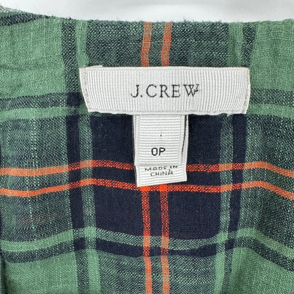 J Crew Womens Green Plaid Embroidered Cotton Gauze Split Neck Blouse‎ 0P Cottage